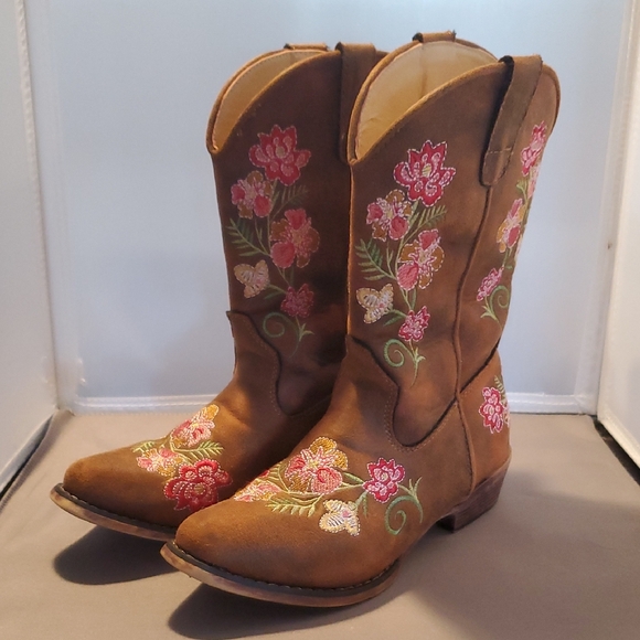 Roper Pink Floral Embroidered Tan Cowboy Boots - Picture 1 of 5